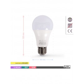 گڵۆپی لێدی A60 جەستەی پلاستیک 12 واط E27 ڕووناکی زەرد 3000K - BA13-01220