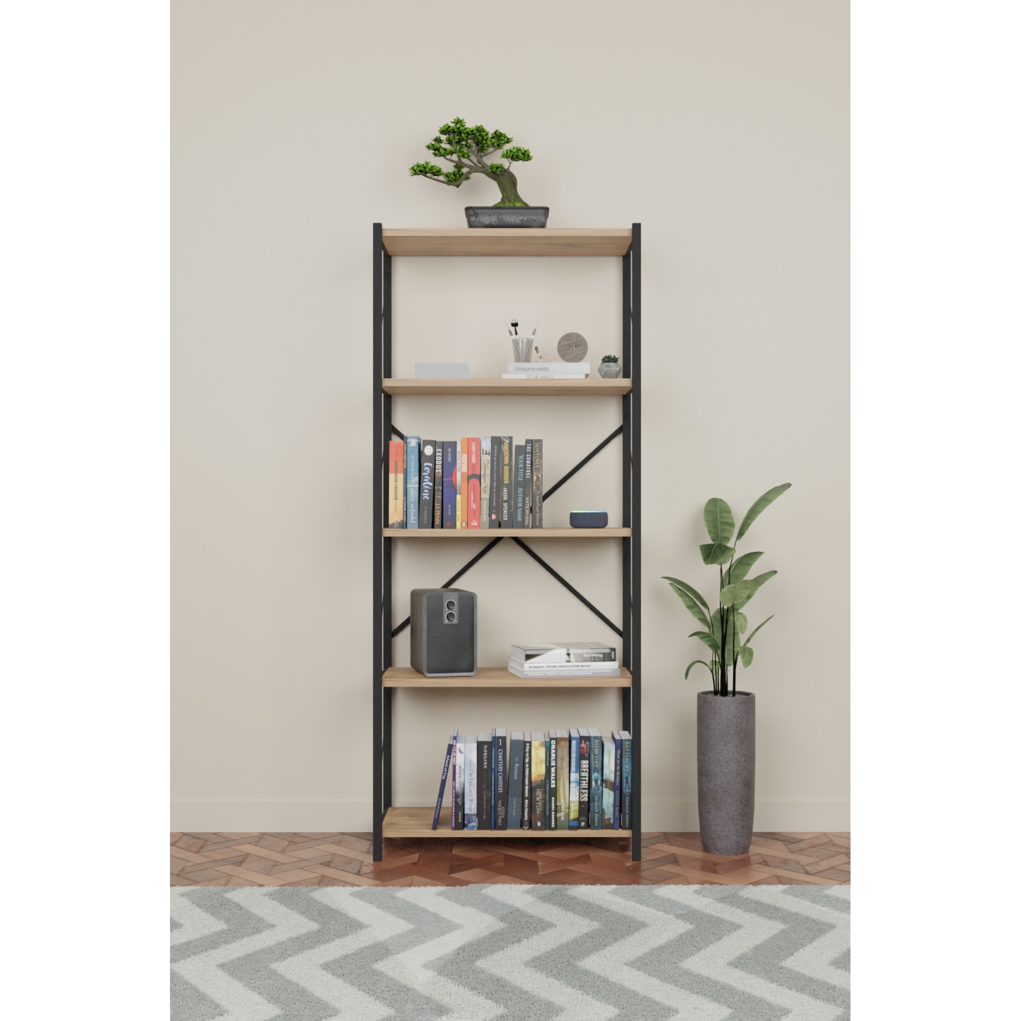 کتێبخانەی ئاسن لە 5 ڕەف 150*60*30 سم - دار سنەوبەر - FD-5LBS-001