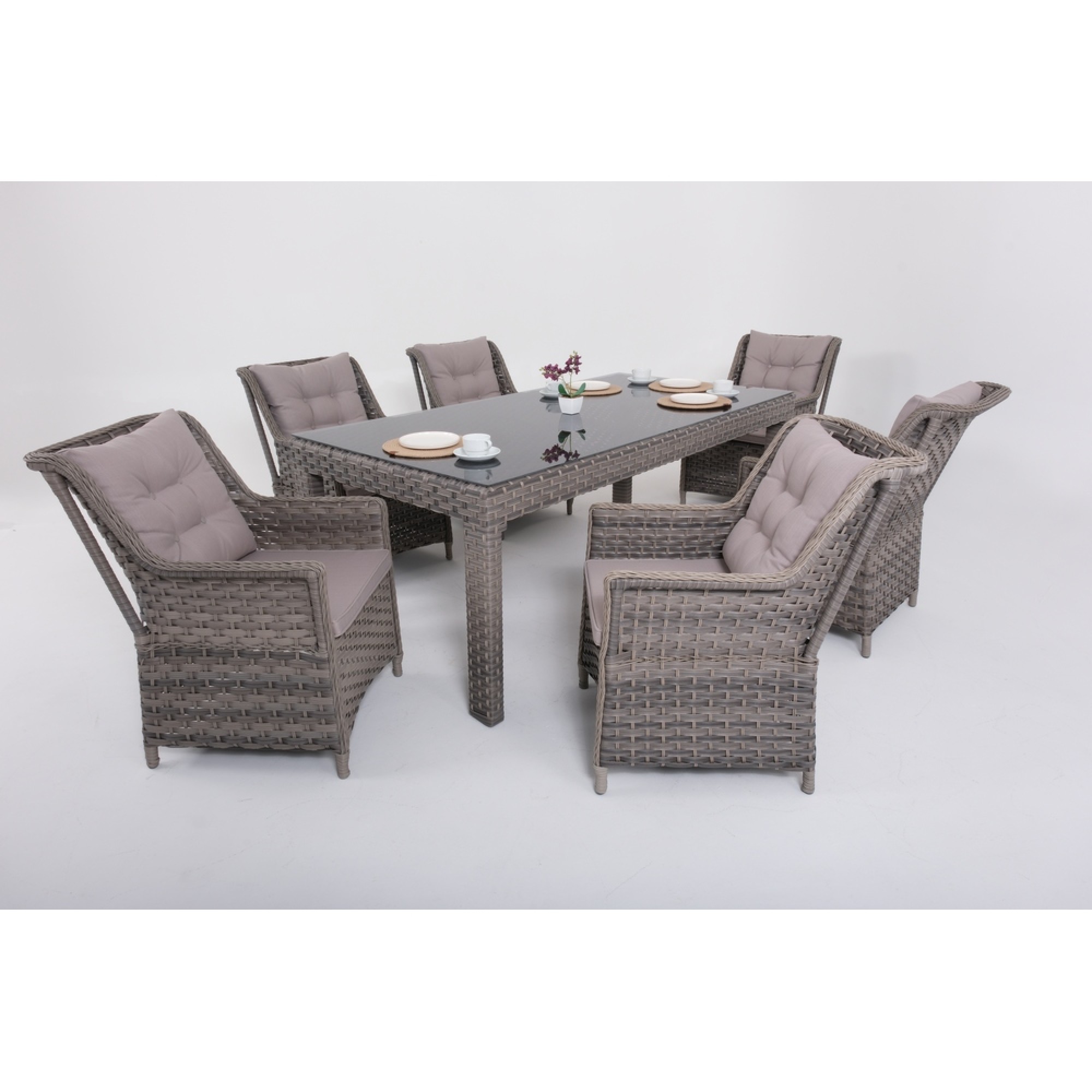 مێز + 6 کورسی لە ڕاتان جۆری رۆزا - قاوەیی