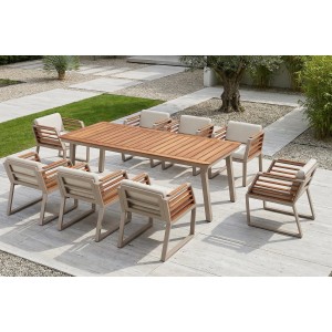 مێزی نانی چینار + 8 کورسیی تەختەی ئیرۆکۆ 100*230 ; لمی - ئیستانسیا