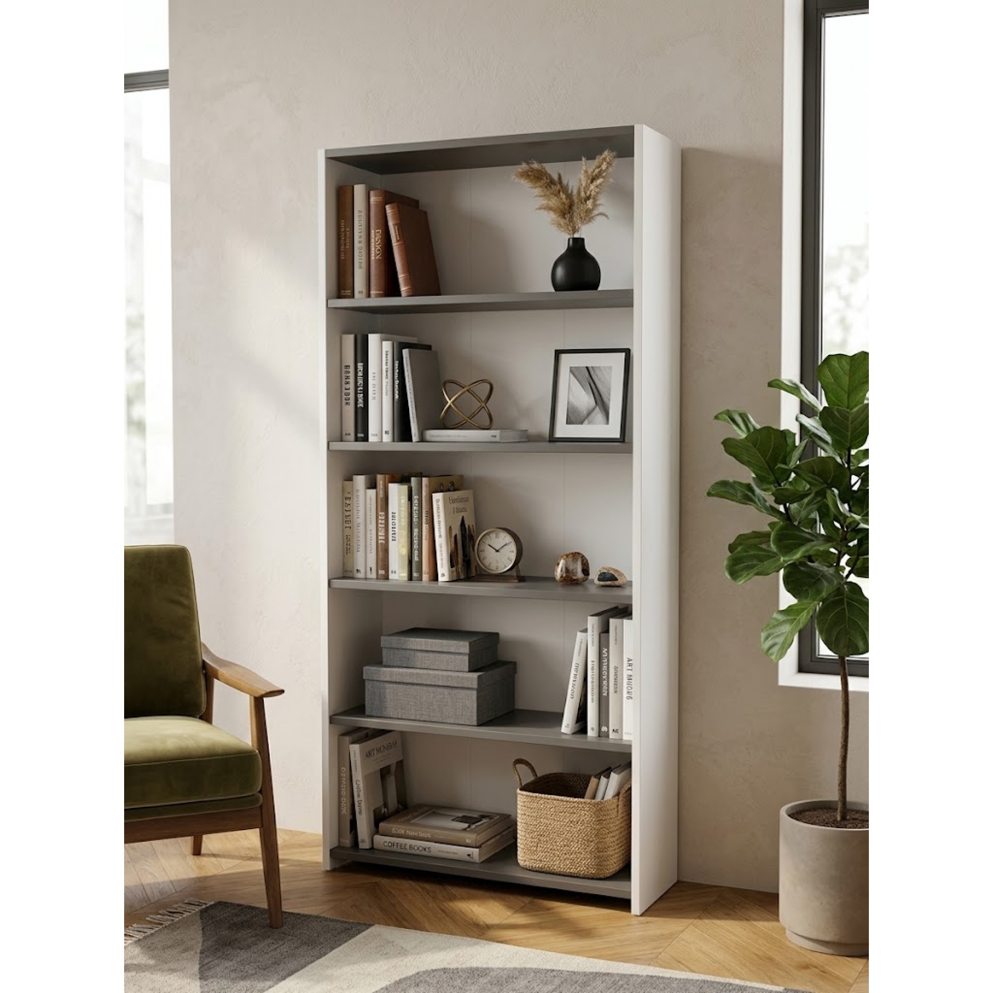 کتێبخانەی 5 ڕەفە 25*75*160 سم ; سپی/ئەنتراسیت