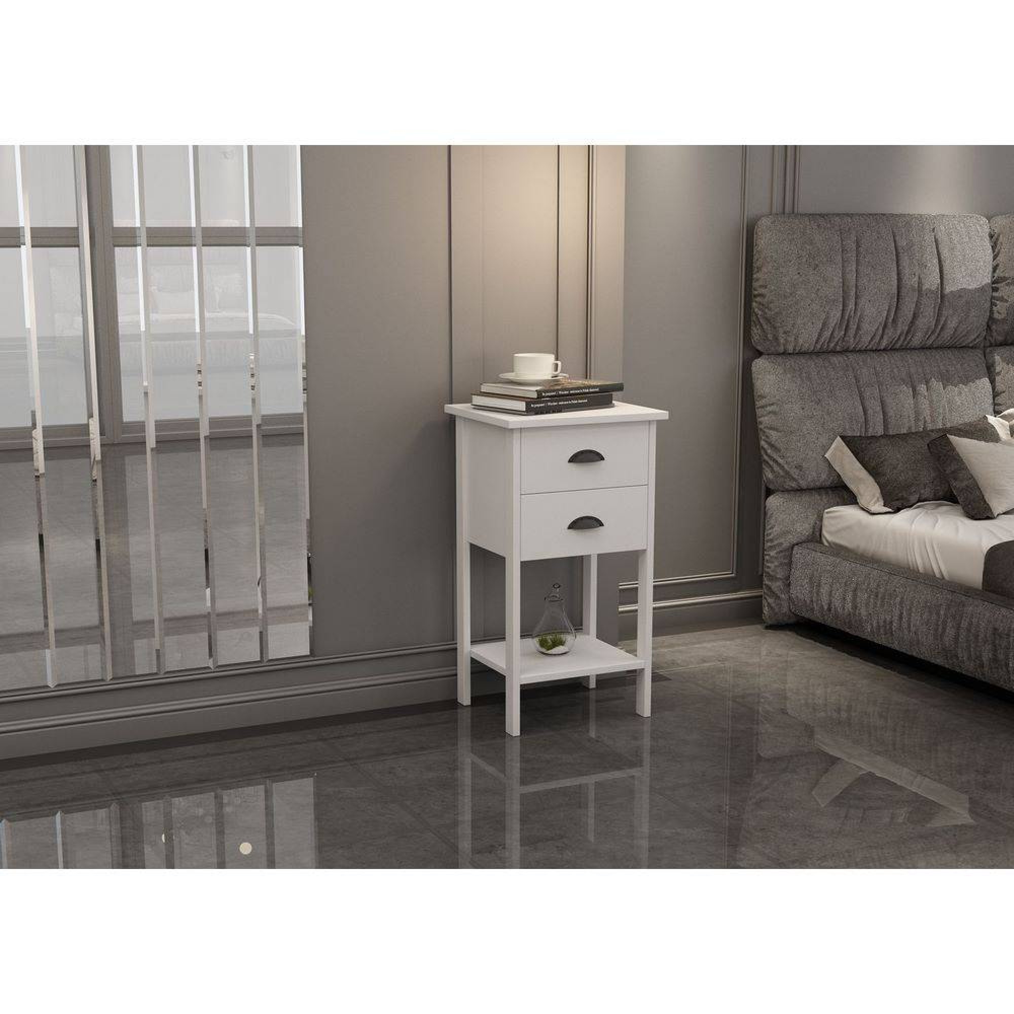 مێزی تەنیشت جێگا بە دوو چەکمەجە 40*35*72 سم بە ڕەنگی سپی