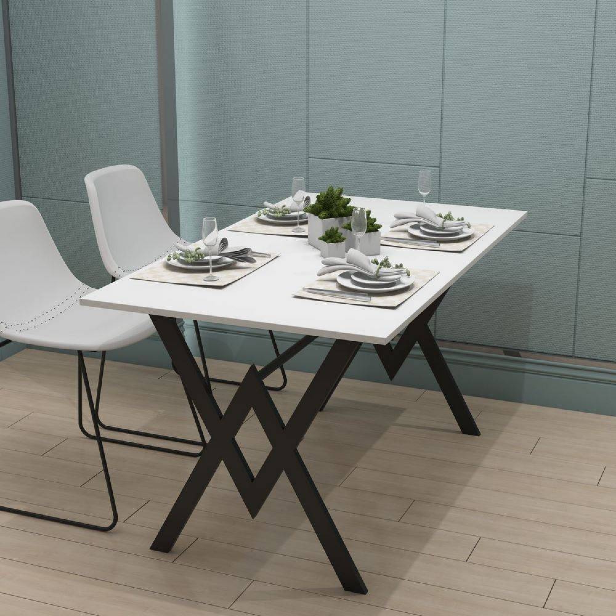 مێزی نانخواردن بە قاچی کانزایی 140*80*74 سم بە ڕەنگی سپی