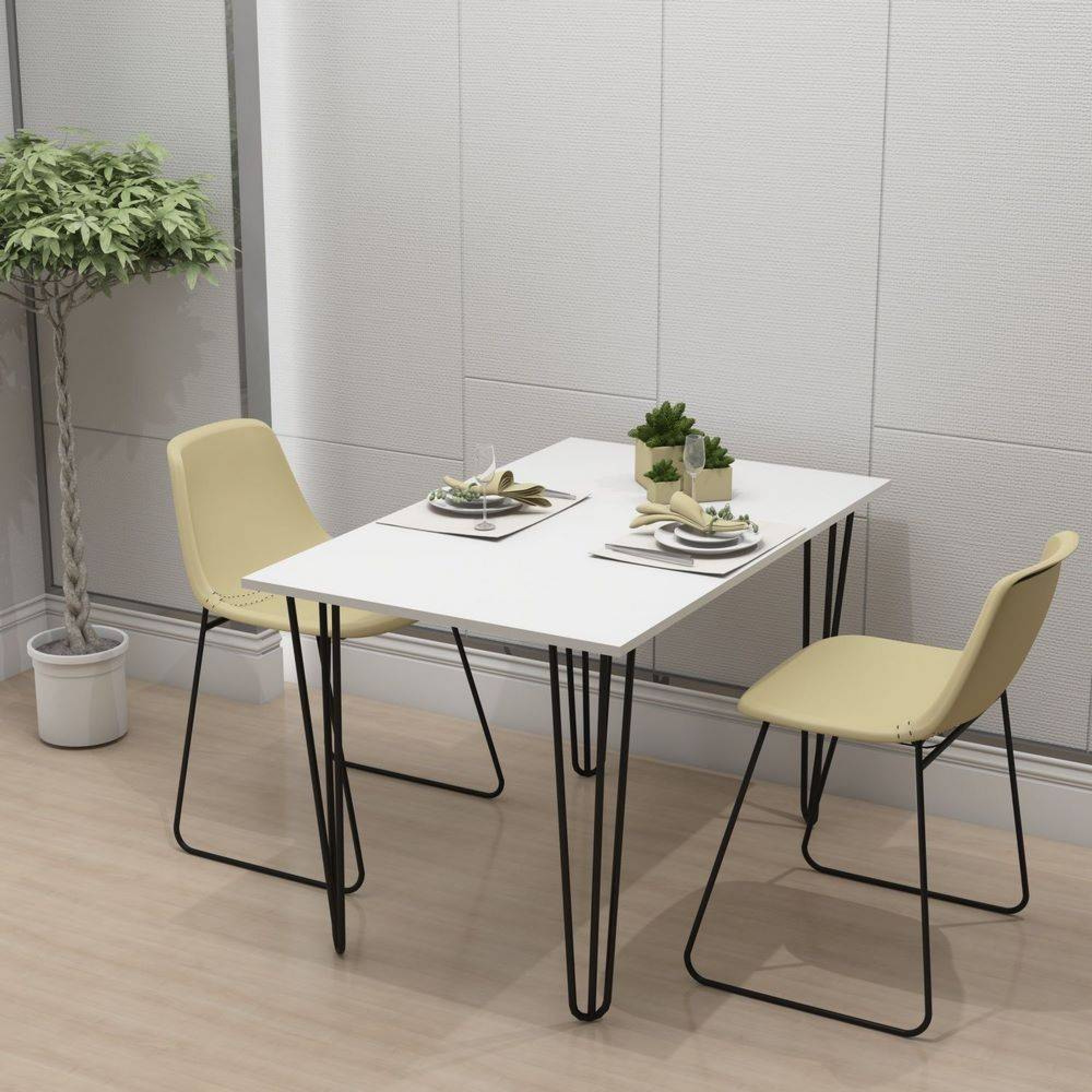 مێزی نانخواردن بە قاچی کانزایی 140*80*74 سم بە ڕەنگی سپی