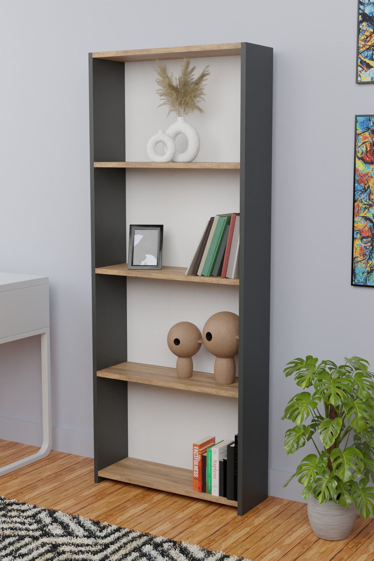 Furnature Design 5-Shelf Bookcase; Anthracite/White
