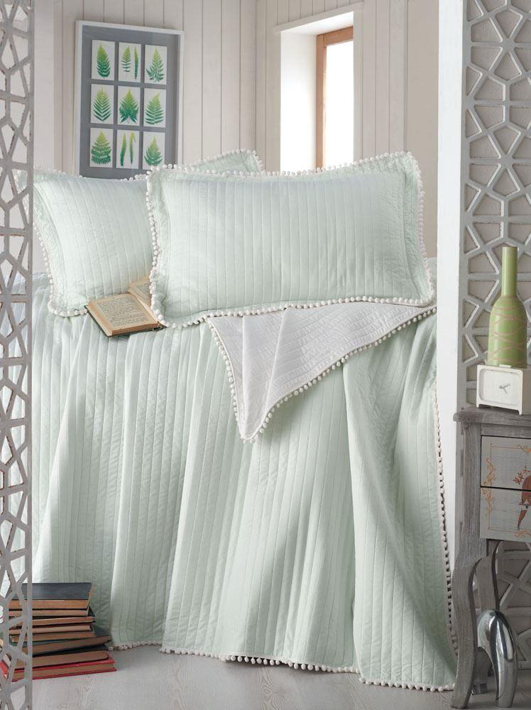 Alea Bedspread Set with Pom-Poms 250x260 cm; Mint