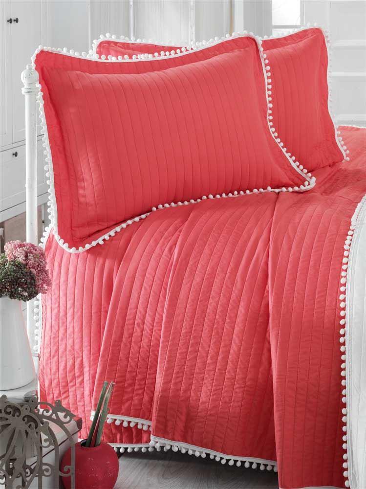 Alea Bedspread Set with Pom-Poms 250x260 cm; Coral