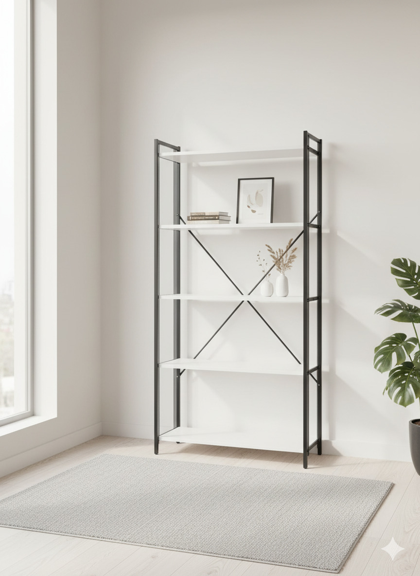Furniture Design 5-shelf Metal Bookcase 180*88*34 Cm; White - FD-5LBSWR-002