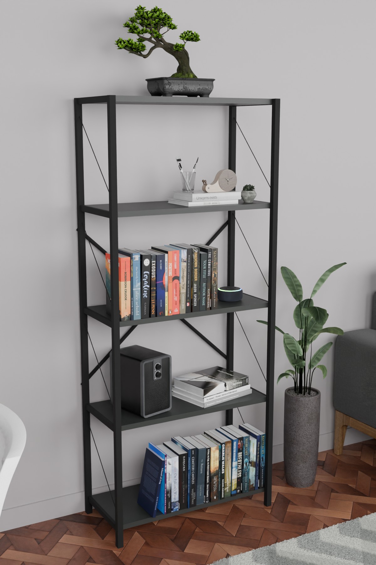 Furniture Design 5-Shelf Metal Bookcase 150*60*30 Cm; Anthracite - FD-5LBS-007