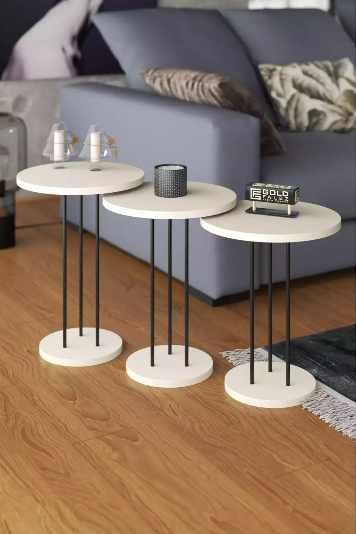 Furniture Design 3-section Nesting Table with Metal Legs; Vanilla - FD-P3PCTS-108
