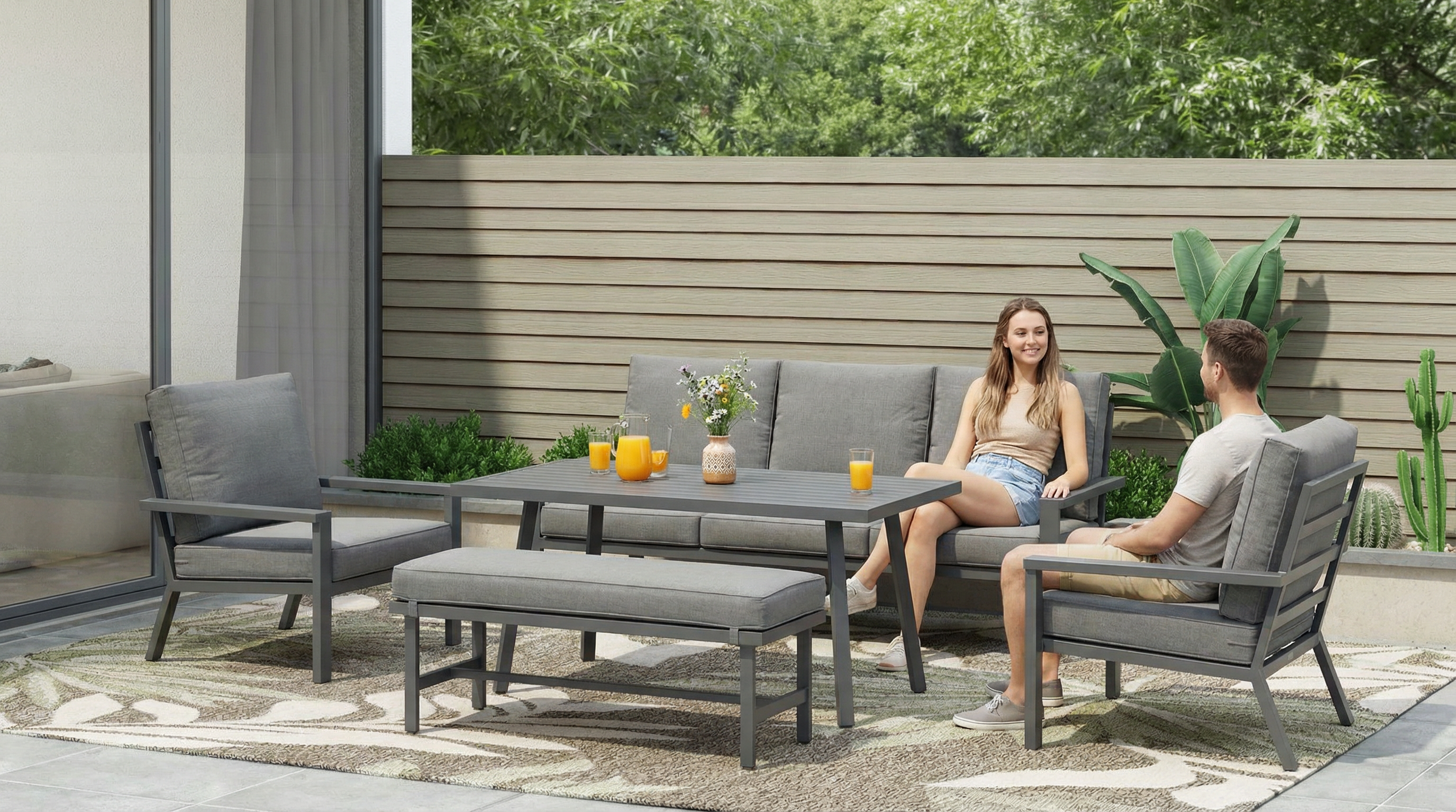 طقم جلوس حدائق 3+1+1+بوف+طاولة؛ رمادي