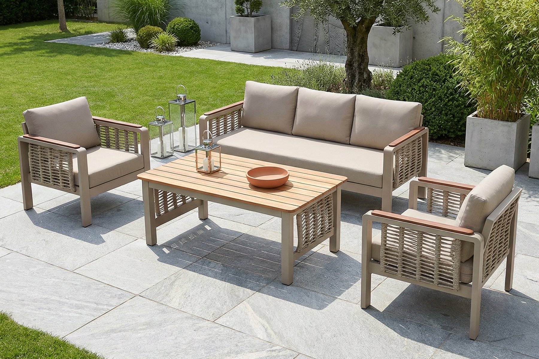 Erinoz Collini Lounge Set 3+1+1 + High Coffee Table Iroko Top; Sand - TRIOLE03