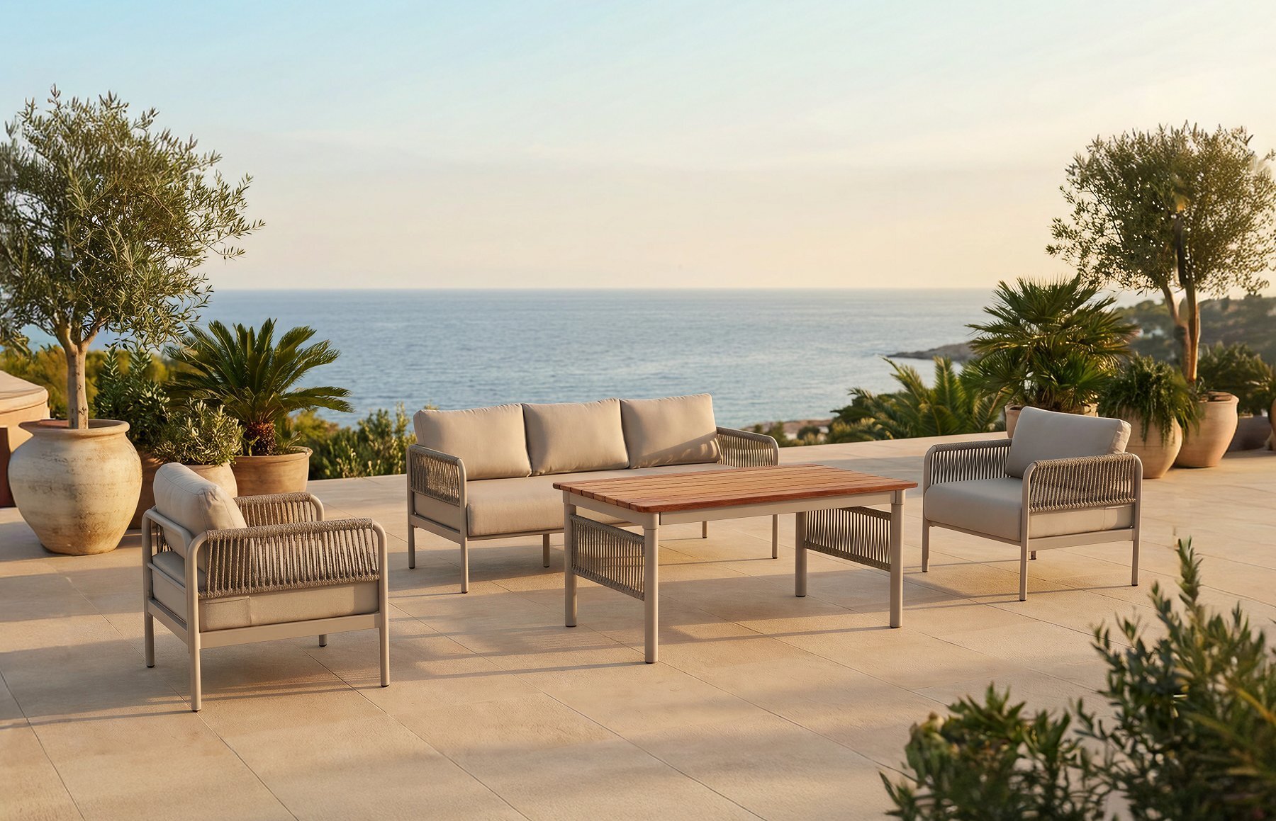 Erinoz Loya Lounge Set 3+1+1 + High Coffee Table Iroko; Sand - New Melon