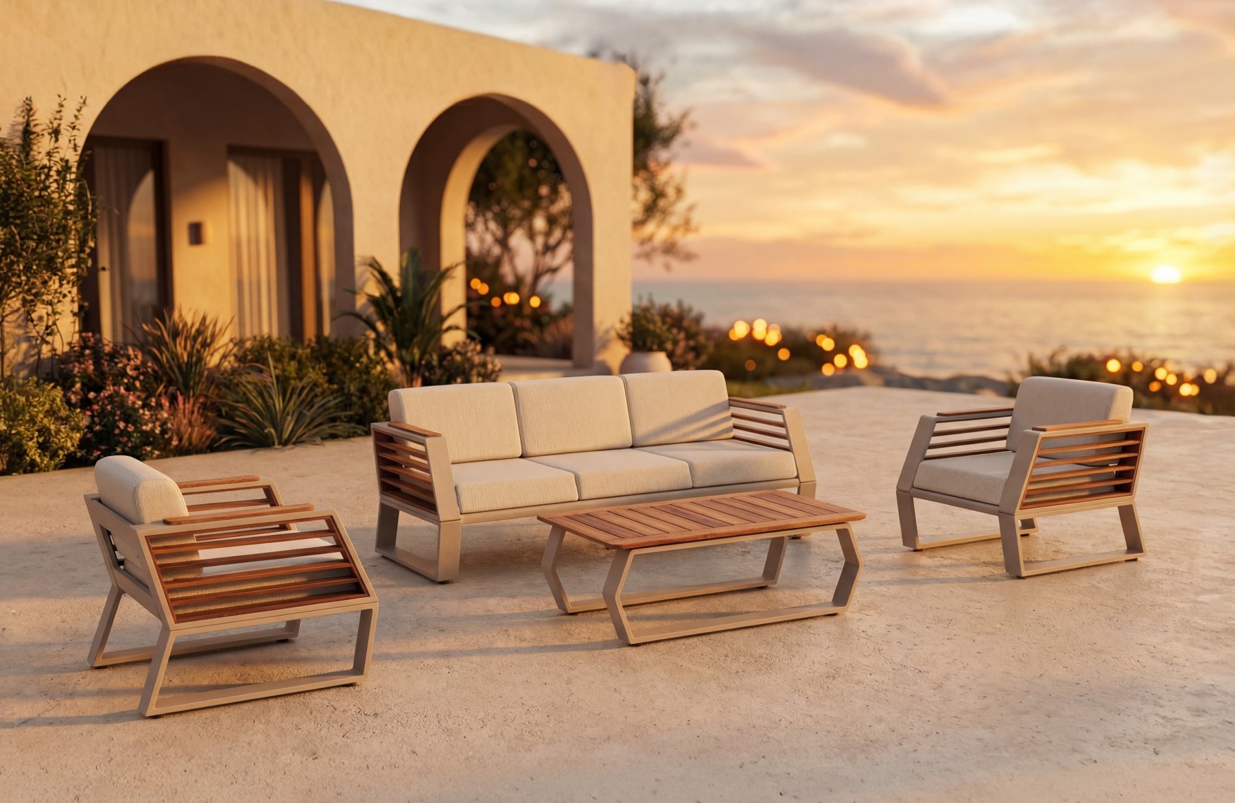 Erinoz Chinar Lounge Set 3+1+1 + Center Table Iroko; Sand - Estancia