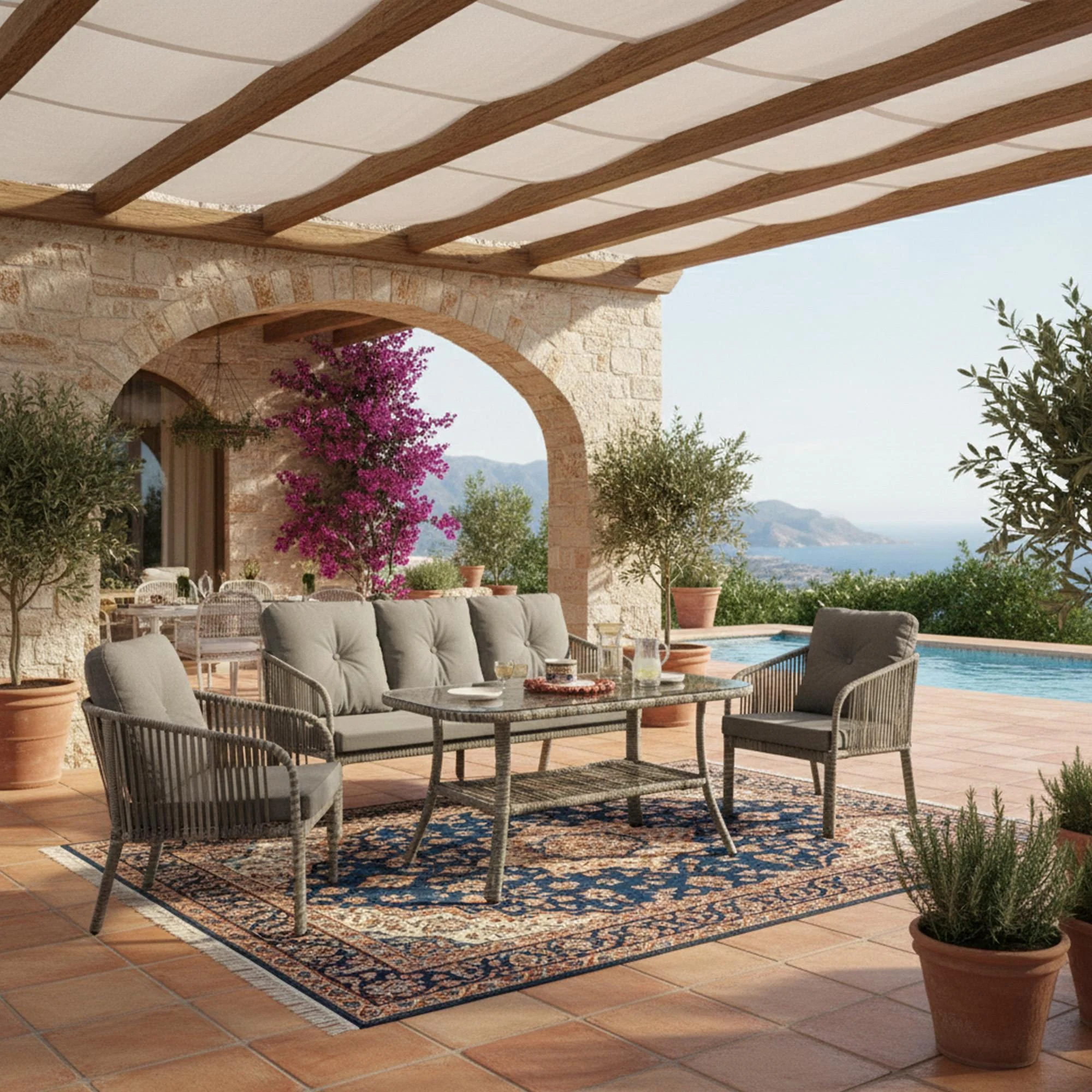 Mirpa Capri Boston Diamond Lounge Set 3+1+1 + Table + 2 Poufs; Grey