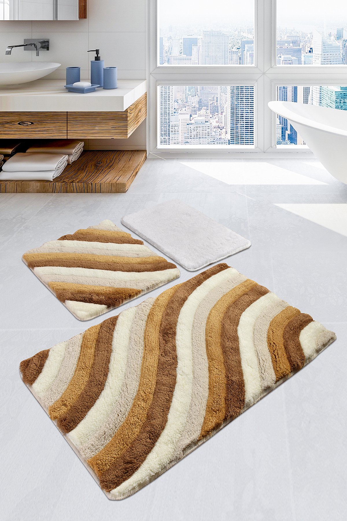 Asir 3-pieces Acrylic Bathmat; Biege and Brown - 351ALS2134